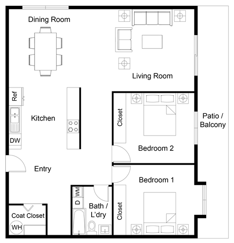 Floor plan for 2 beds, 1 bath, 810 sqft