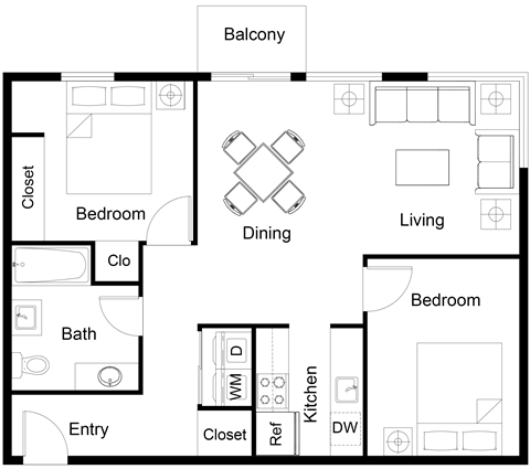 Floor plan for 2 beds, 1 bath, 850 sqft