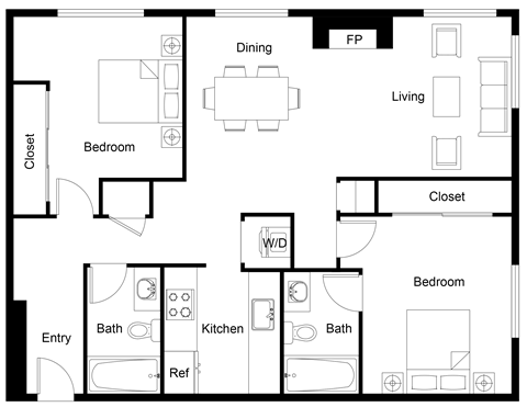 Floor plan for 2 beds, 2 baths, 850 sqft