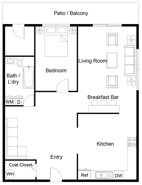 Floor plan for 1 bed, 1 bath, 570 sqft