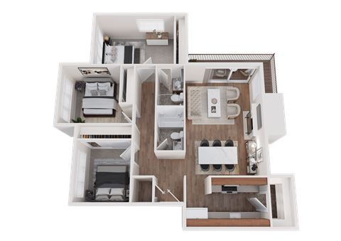 Floor plan for 3 beds, 2 baths, 1105 sqft