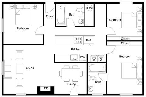 Floor plan for 3 beds, 2 baths, 984 sqft