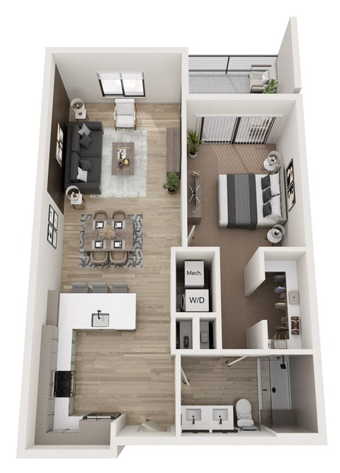 Floor plan for 1 bed, 1 bath, 904 sqft