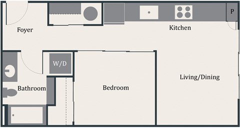 Floor plan for 1 bed, 1 bath, 524 sqft