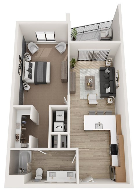 Floor plan for 1 bed, 1 bath, 897 sqft