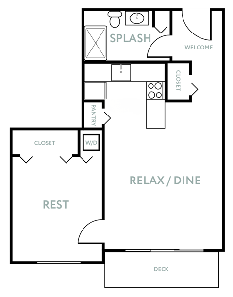 Floor plan for 1 bed, 1 bath, 556 sqft