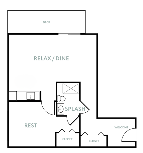 Floor plan for 1 bed, 1 bath, 623 sqft