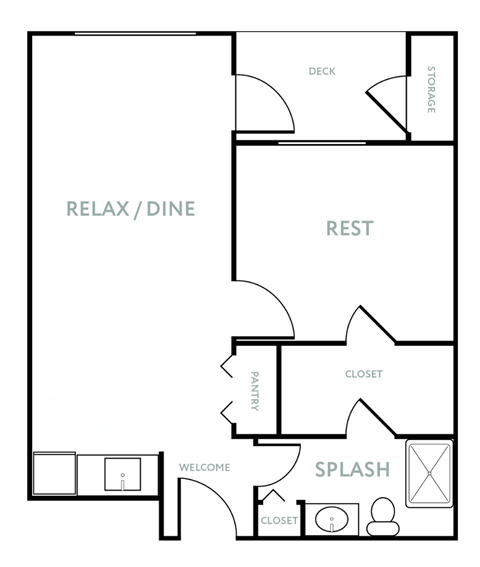 Floor plan for 1 bed, 1 bath, 631 sqft