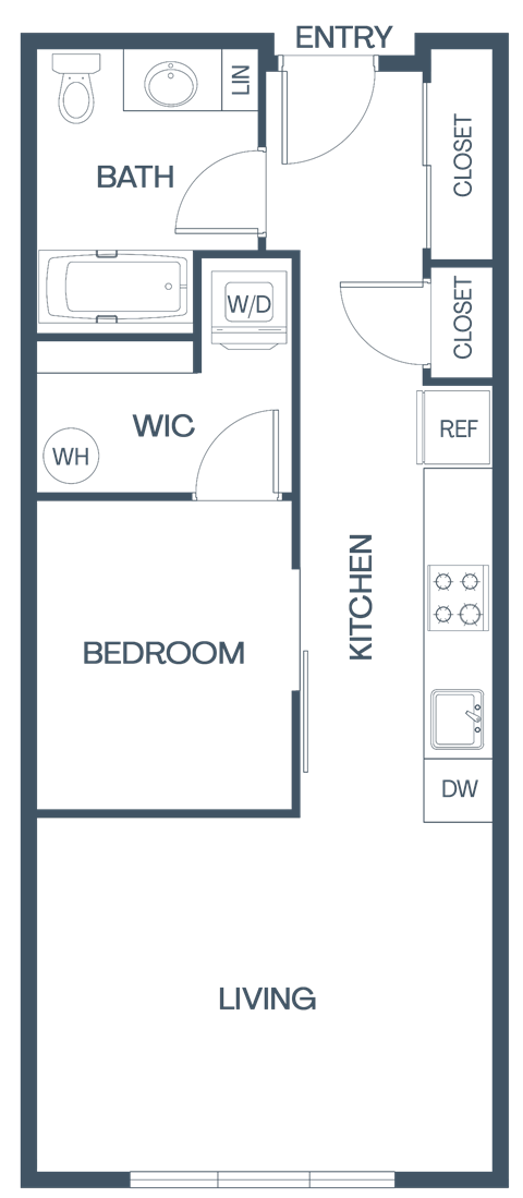 Floor plan for 1 bed, 1 bath, 655 sqft