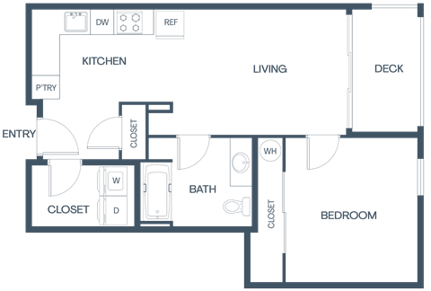 Floor plan for 1 bed, 1 bath, 679 sqft