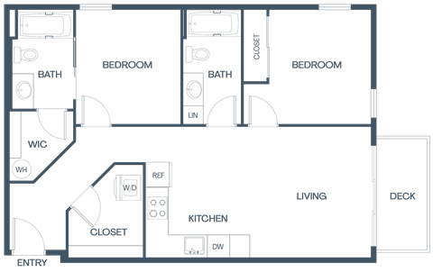 Floor plan for 2 beds, 2 baths, 894 sqft