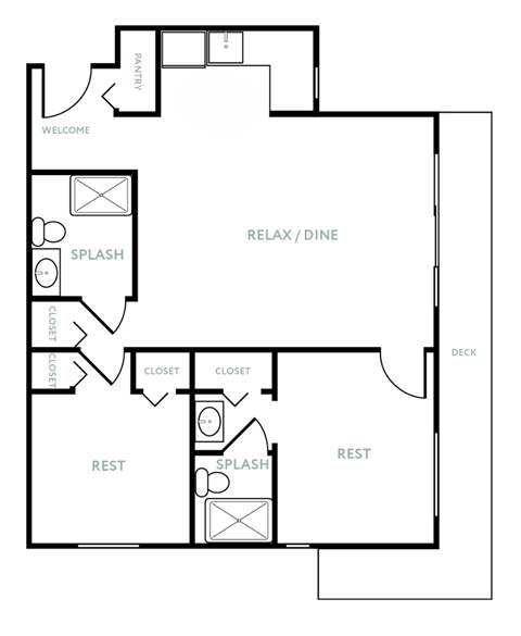 Floor plan for 2 beds, 2 baths, 825 sqft
