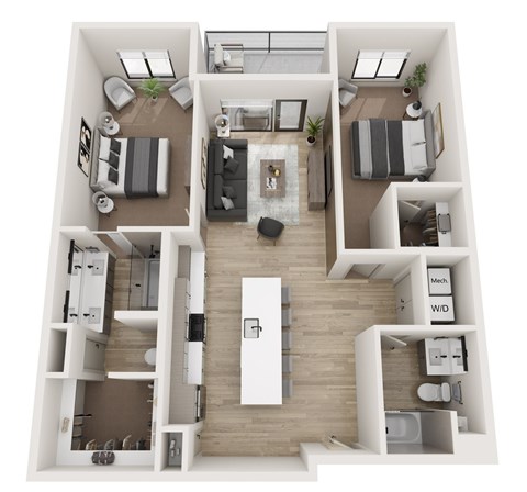Floor plan for 2 beds, 2 baths, 1241 sqft