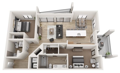 Floor plan for 2 beds, 2 baths, 1373 sqft