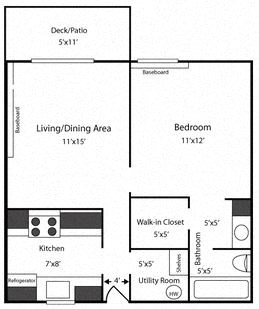 Floor plan for 1 bed, 1 bath, 576 sqft
