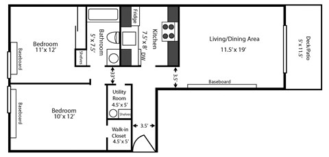 Floor plan for 2 beds, 1 bath, 776 sqft