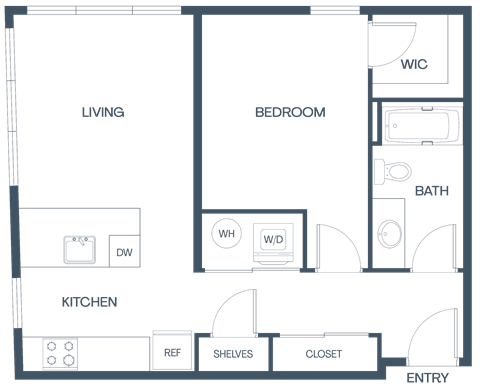 Floor plan for 1 bed, 1 bath, 559 sqft