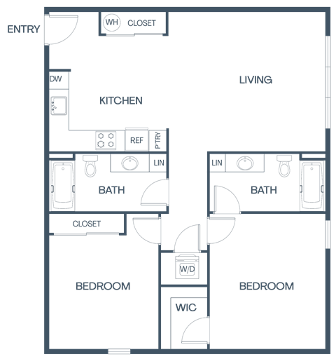 Floor plan for 2 beds, 2 baths, 1090 sqft