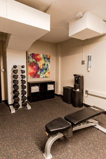 A fitness room with a bench and dumbbells