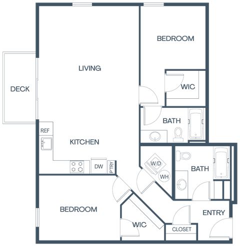 Floor plan for 2 beds, 2 baths, 1068 sqft