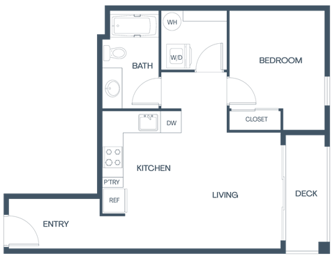 Floor plan for 1 bed, 1 bath, 608 sqft