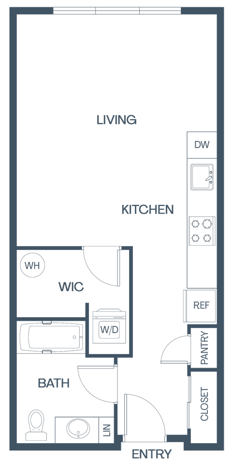 Floor plan for studio, 1 bath, 658 sqft