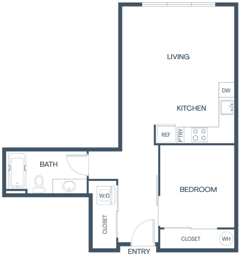 Floor plan for 1 bed, 1 bath, 658 sqft