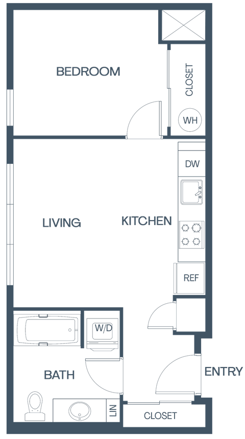 Floor plan for 1 bed, 1 bath, 543 sqft