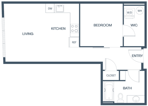 Floor plan for 1 bed, 1 bath, 588 sqft