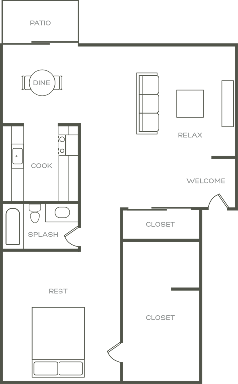 Floor plan for 1 bed, 1 bath, 770 sqft