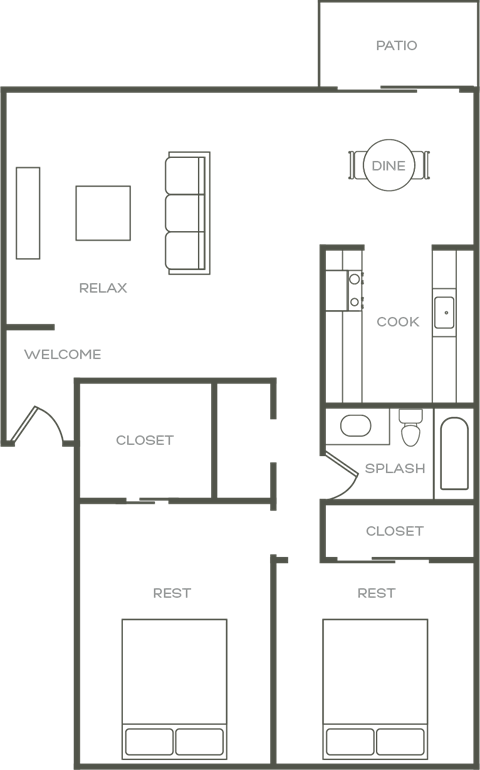 Floor plan for 2 beds, 1 bath, 880 sqft