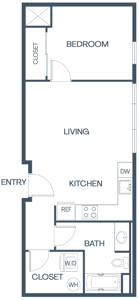 Floor plan for 1 bed, 1 bath, 674 sqft