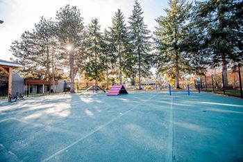 A tennis court surrounded by trees and a fence.