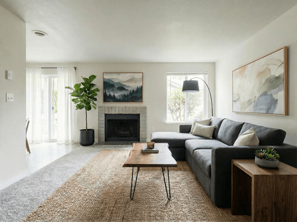 Tacoma apartment for rent - A living room with a black couch, a fireplace, and a painting on the wall.
