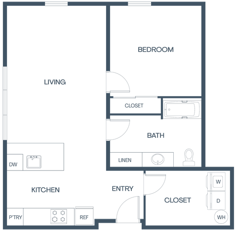 Floor plan for 1 bed, 1 bath, 844 sqft