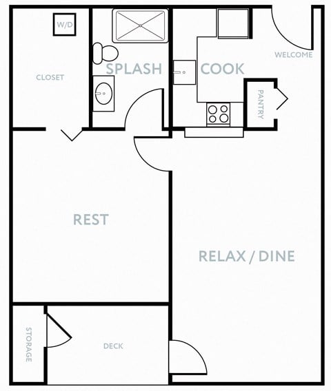 Floor plan for 1 bed, 1 bath, 657 sqft