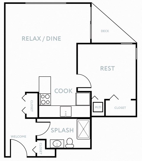 Floor plan for 1 bed, 1 bath, 606 sqft