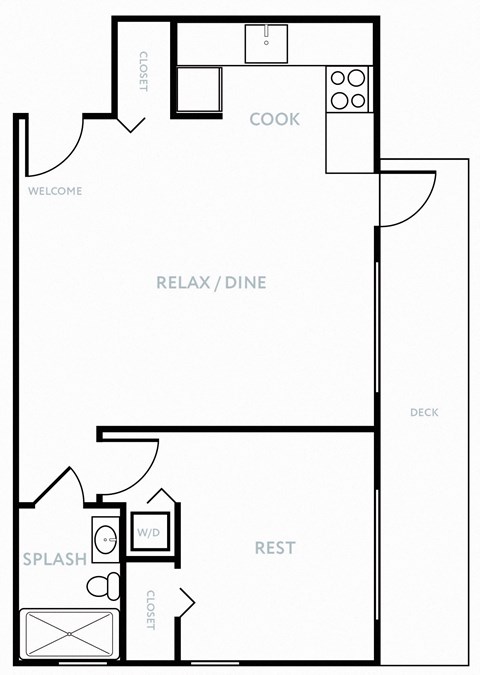 Floor plan for 1 bed, 1 bath, 640 sqft