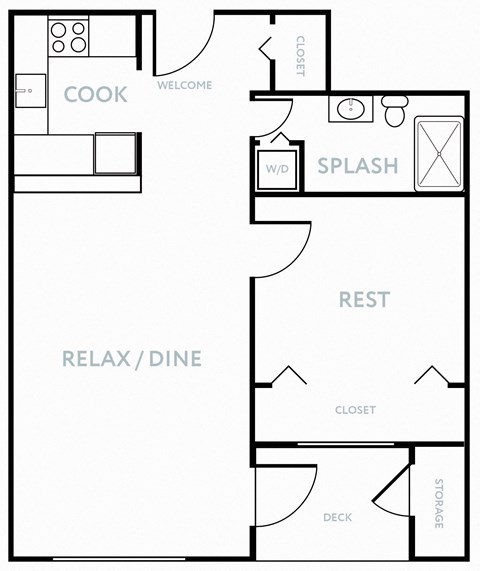 Floor plan for 1 bed, 1 bath, 600 sqft