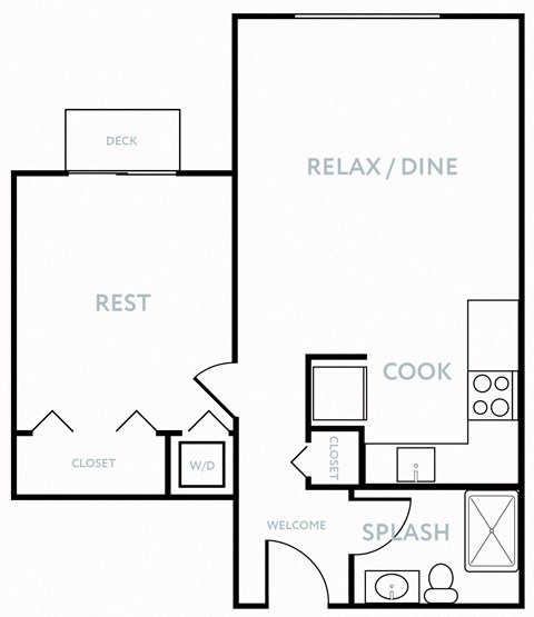 Floor plan for 1 bed, 1 bath, 585 sqft