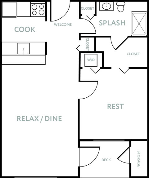 Floor plan for 1 bed, 1 bath, 648 sqft