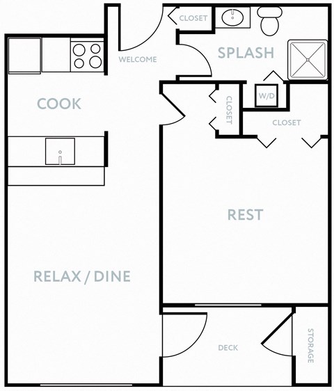 Floor plan for 1 bed, 1 bath, 600 sqft