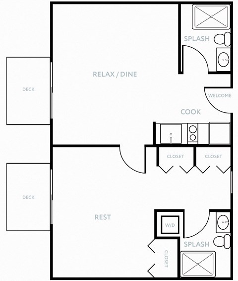 Floor plan for 1 bed, 2 baths, 674 sqft