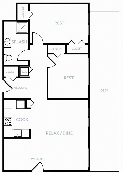 Floor plan for 2 beds, 1 bath, 937 sqft
