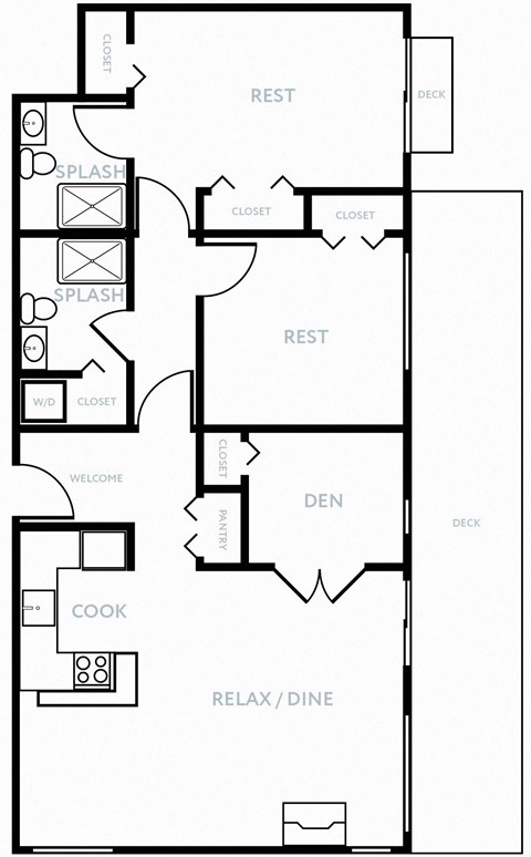 Floor plan for 2 beds, 2 baths, 1054 sqft