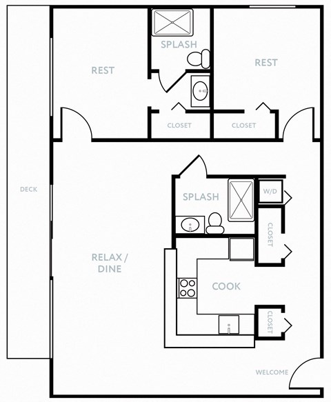 Floor plan for 2 beds, 2 baths, 985 sqft