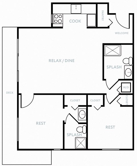Floor plan for 2 beds, 2 baths, 825 sqft