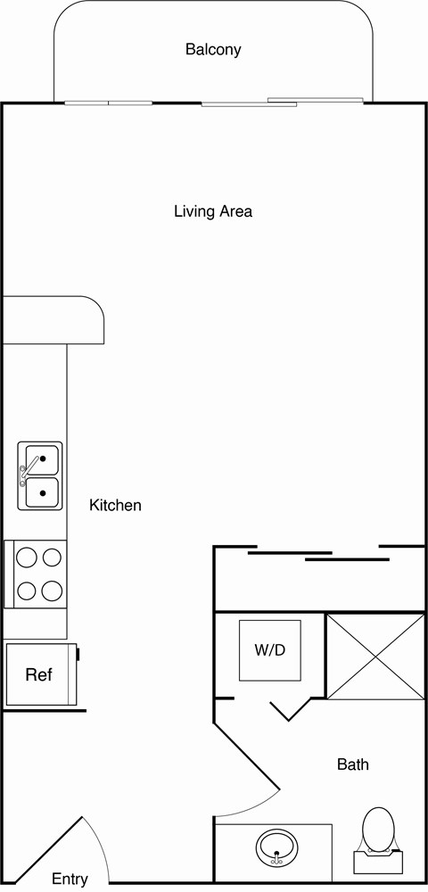 Floor plan for studio, 1 bath, 390 sqft