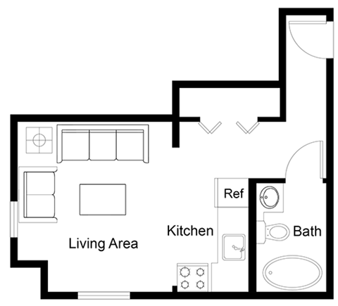 Floor plan for studio, 1 bath, 315 sqft