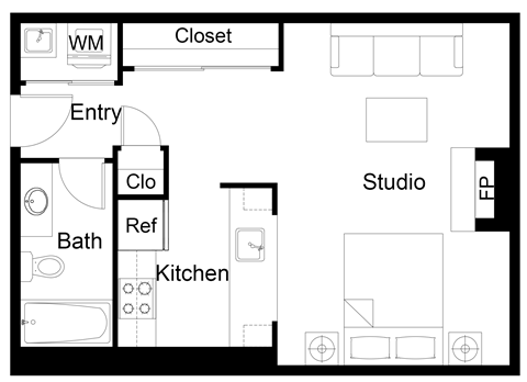 Floor plan for studio, 1 bath, 448 sqft